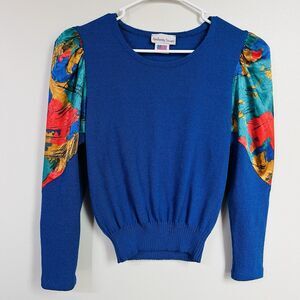 Vintage 80s Anthony Sicari Blue Knitted & Floral Satin Sleeve Sweater Size Med